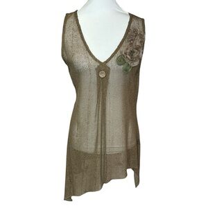 Asymmetrical Hem Open Weave Top with Floral Accent